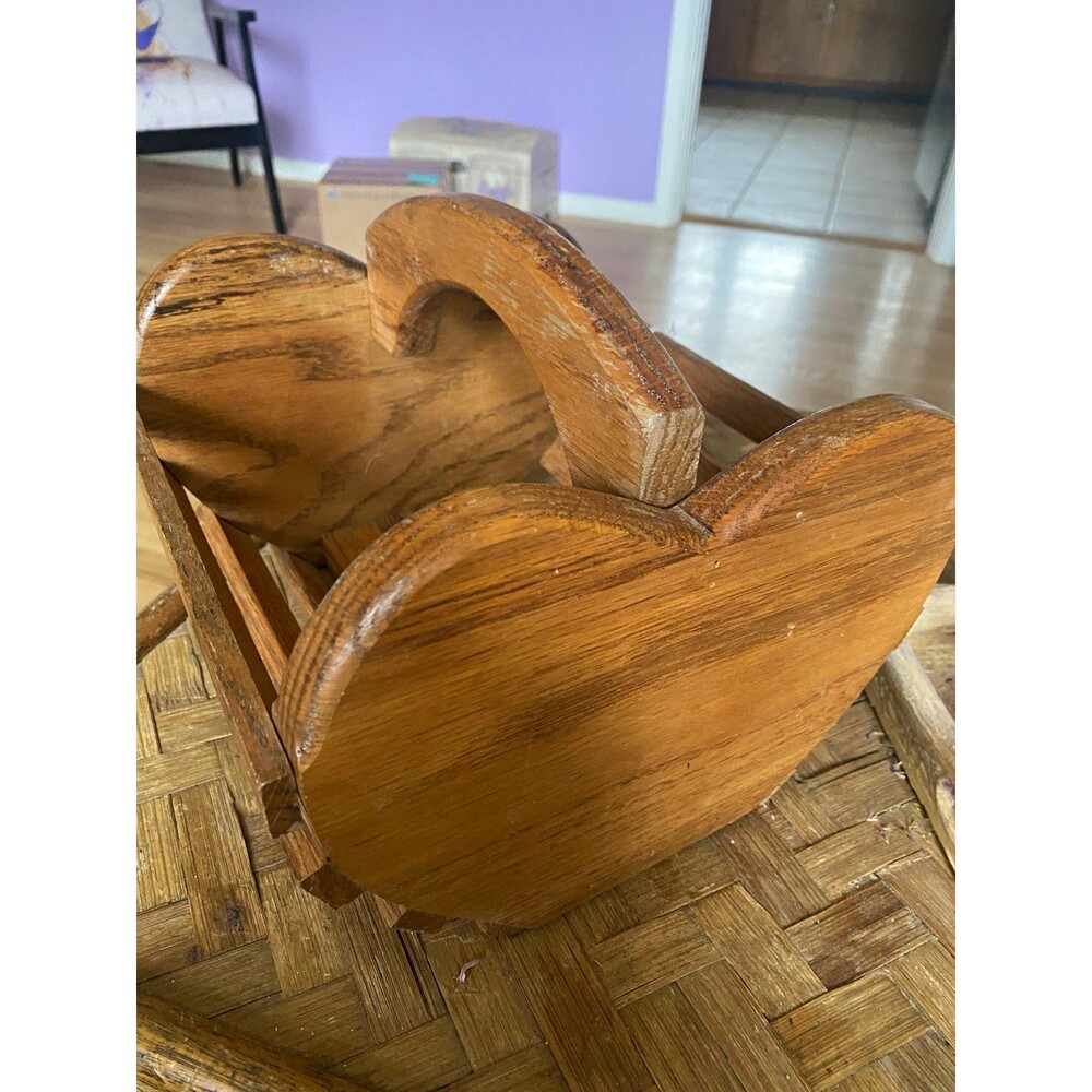 Vintage Solid Oak Heart Magazine Rack Caddy Basket Country Farmhouse Tote Oak